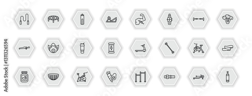 outline icons set - gym and fitness concept. vector icons included skip rope, hydratation, steroids, elevation mask and more.