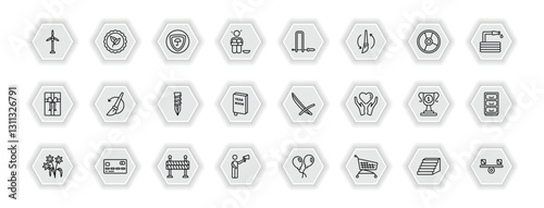 outline icons set - general concept. vector icons included renewable energy label, insurance with a button, fretsaw, history brush and more.