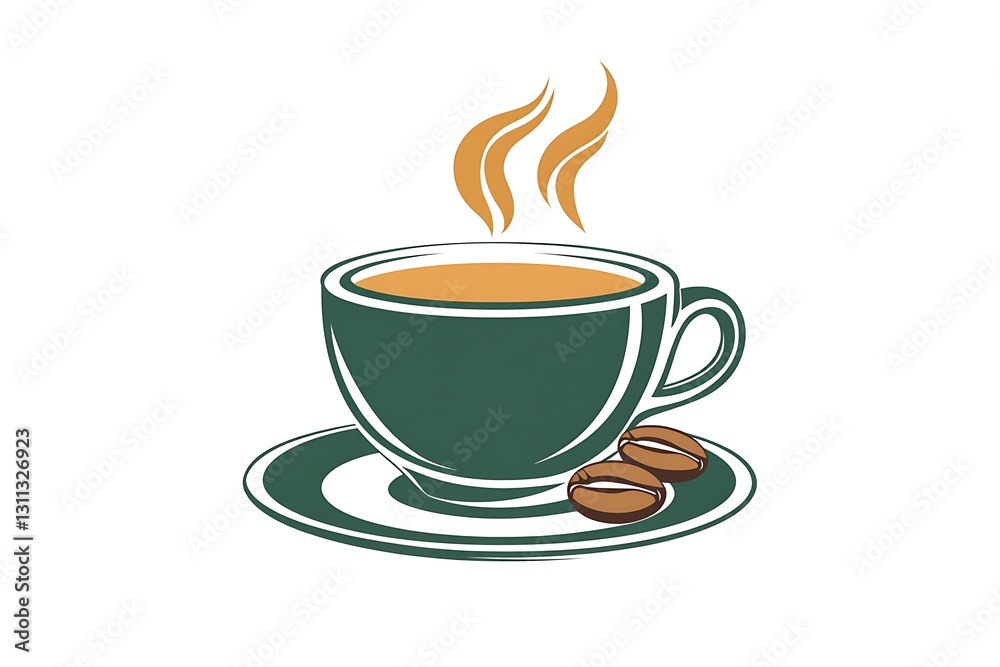 Obraz premium Hot Coffee Cup Illustration Steaming Mug with Coffee Beans on Saucer