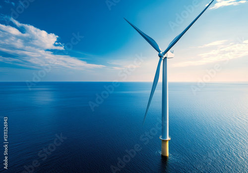 An offshore wind turbine stands tall against a serene blue sky and ocean, symbolizing the transition to renewable energy and the pursuit of sustainable solutions for a greener future.