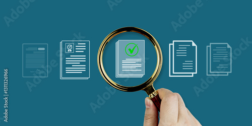 A hand holds a magnifying glass focusing on a document icon with a checkmark. Document search system, item inspection, quality control, and standards certification.