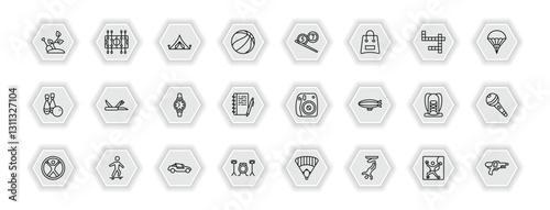 outline icons set - free time concept. vector icons included gardening, camping, billiard, multitool and more.