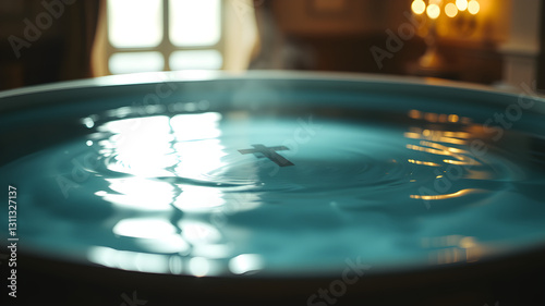 Priest pours holy water. Silver shell, baptismal font. Dawn light, water droplets. Symbol of renewal, grace & purity. Reverent.