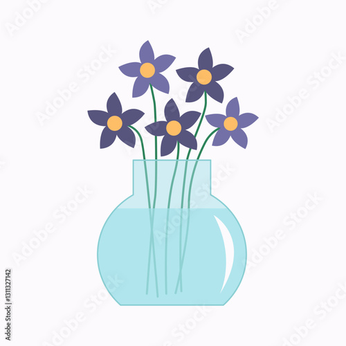 Flower in vase. Blue flowers bouquet. Glass vases with water. Cute colorful icon collection. Ceramic Pottery Glass decoration. White background. Flat design. Vector illustration