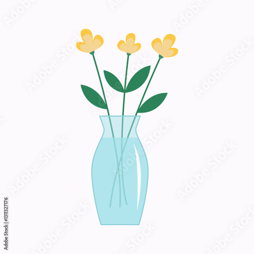 Flower in vase. Yellow flowers bouquet. Glass vases with water. Cute colorful icon collection. Ceramic Pottery Glass decoration. White background. Flat design. Vector illustration