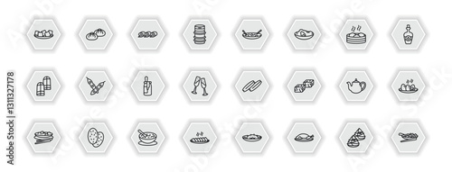 outline icons set - food and restaurant concept. vector icons included tofu, zhaliang, beef chow fun, soya and more.