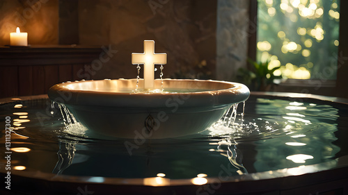 Priest pours holy water. Silver shell, baptismal font. Dawn light, water droplets. Symbol of renewal, grace & purity. Reverent.