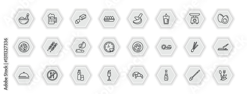 outline icons set - food collection. thin concept. vector icons included spices, butter, fortune cookie, brochette and more.