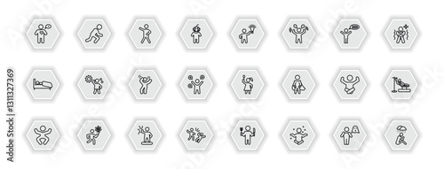 outline icons set - feelings concept. vector icons included alive human, grateful human, inspired human, hot and more.