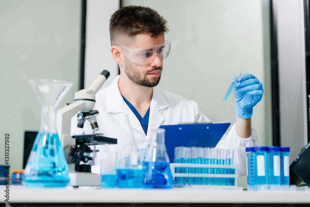 Male biotechnologist testing new chemical substances in a laboratory.