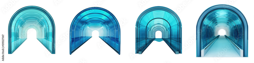 Fototapeta premium Mesmerizing and Visually Striking Architectural Tunnel Archway with Vibrant Teal and Blue Gradient Lighting Creating a Futuristic and Ethereal Ambiance