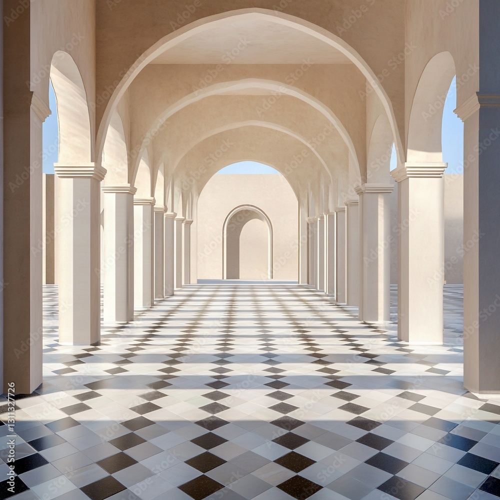 Fototapeta premium Elegant Architecture Hallway Sunlight Columns Archways Design