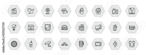 outline icons set - electronic devices concept. vector icons included copy hine, electric fan, garbage disposal, furnace and more.