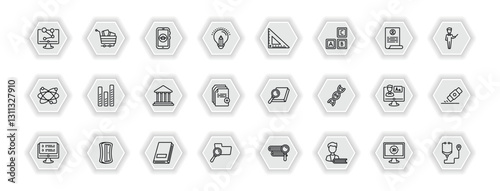 outline icons set - education concept. vector icons included science in a laptop, smartphone app, measuring tools, bars and more.