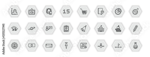 outline icons set - education concept. vector icons included gaussian function, bag of books, shopping cart, solar system and more.