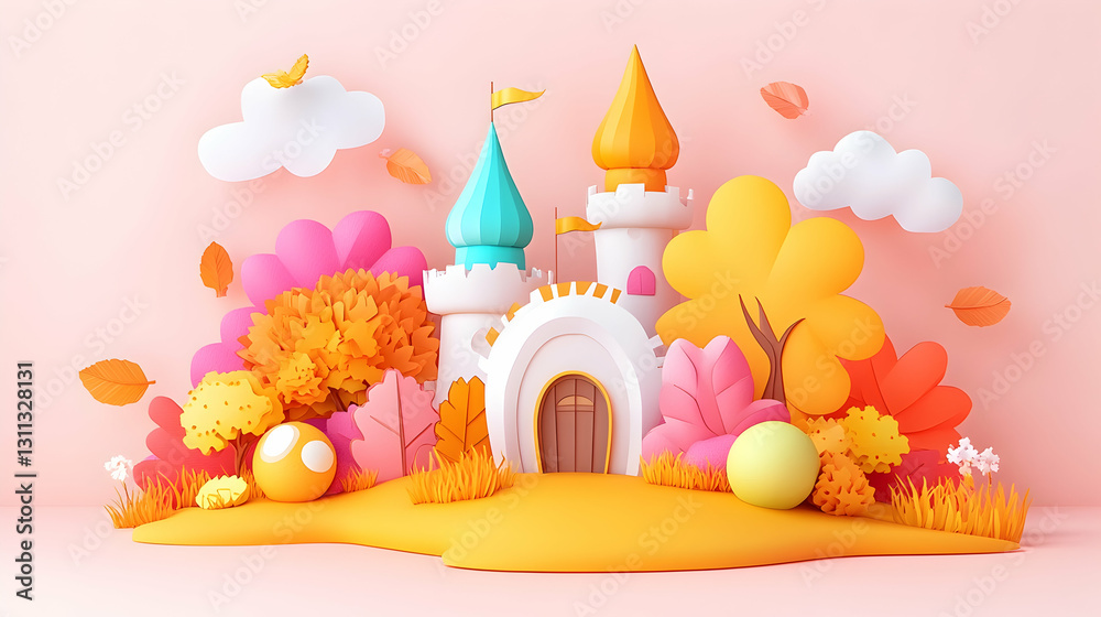 Toy castle stands amid autumn foliage against a light pink background scene Toy castle stands amid autumn foliage against a light pink background scene