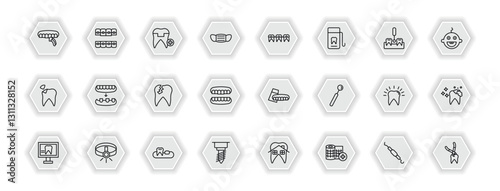 outline icons set - dentist concept. vector icons included dental veneer, molar crown, dental brackets, overdenture and more.
