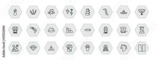 outline icons set - desert concept. vector icons included noose, holster, stones, desert landscape and more.