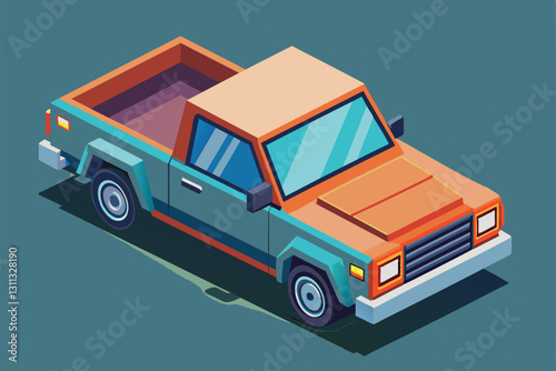 A vibrant isometric illustration features a customizable pick-up truck with distinct colors and angles, Pick up truck Customizable Isometric Illustration