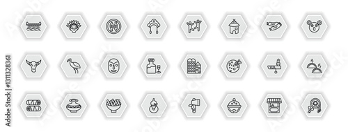 outline icons set - culture concept. vector icons included native american canoe, imperial carp, capoeira brazil dancers, australian emu and more.