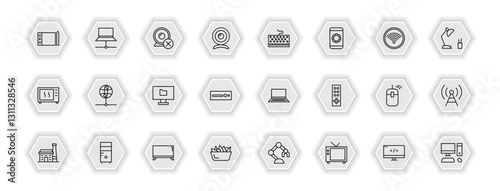 outline icons set - computer concept. vector icons included tablet tool, webcam disconnected, keyboard with cable, internet server and more.