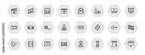 outline icons set - cinema concept. vector icons included hd, dressing room, dvd, vhs and more.