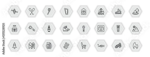 outline icons set - camping concept. vector icons included canoe, matches, canteen, axe and more.