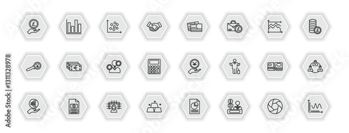 outline icons set - business concept. vector icons included pound coin on hands, scatter chart, color business card, euro bills and more.