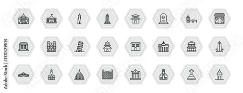 outline icons set - buildings concept. vector icons included gurdwara, world trade center, pagoda, notre dame and more.