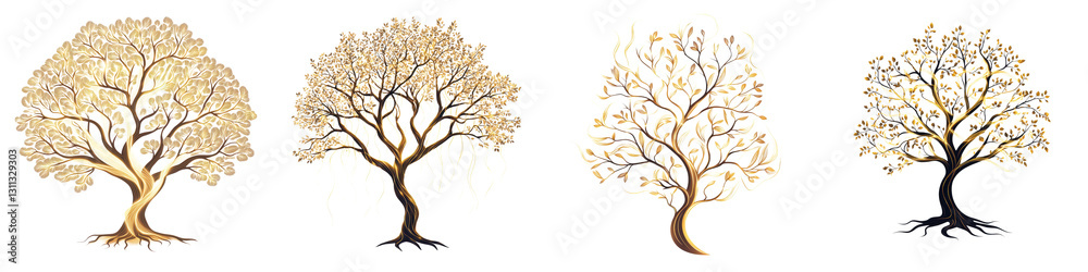 Naklejka premium Stylized trees in various shapes and colors representing the changing seasons of the year Digital with an abstract minimalist design style that can be used as graphic design elements backgrounds