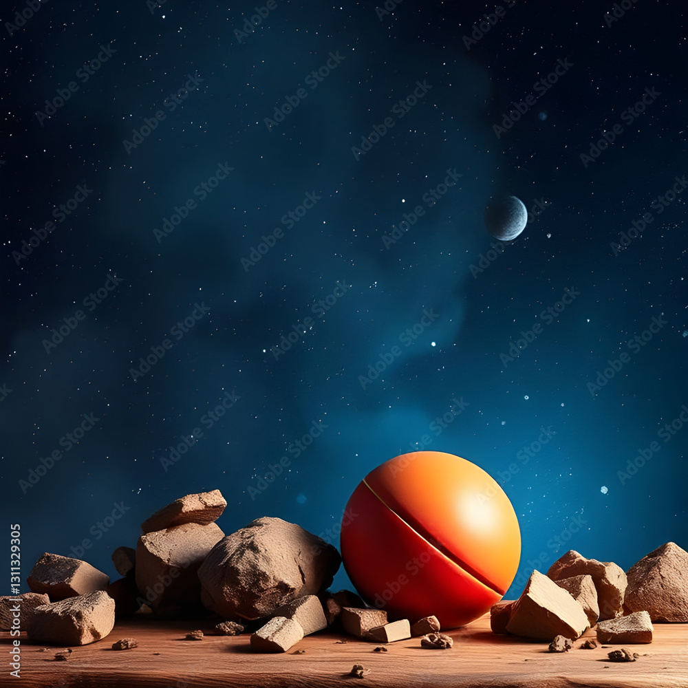 Fototapeta premium AI generated orange sphere on wood with crescent moon and night sky