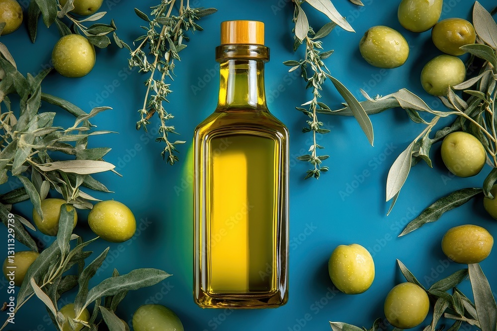 Vibrant olive oil bottle surrounded by a fresh harvest of olives and aromatic thyme sprigs on a colorful backdrop. Generative AI Vibrant olive oil bottle surrounded by a fresh harvest of olives and aromatic thyme sprigs on a colorful backdrop. Generative AI