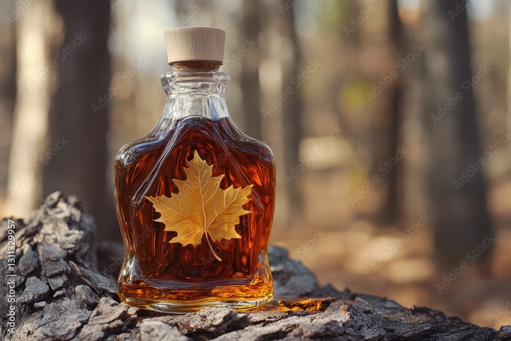 Glass bottle of maple syrup resting on log in forest setting Glass bottle of maple syrup resting on log in forest setting