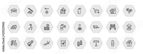 outline icons set - agriculture farming concept. vector icons included trough, weather vane, sprayer, farmer hoeing and more.