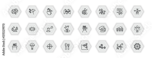 outline icons set - activity and hobbies concept. vector icons included petanque, beatboxing, yarn ball, comic and more.