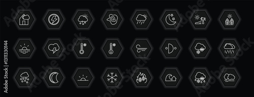 outline icons set - weather concept. vector icons included patchy fog, sprinkle weather, downpour, stormy and more.