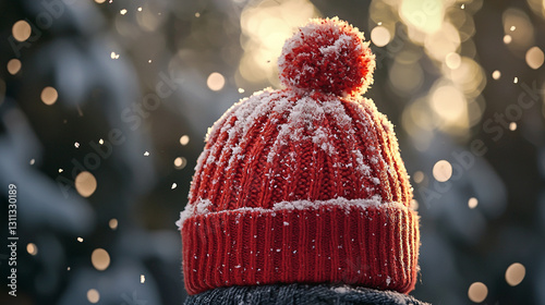 Red knit winter hat covered in sparkling snowflakes outdoors cold cozy warm spun yarn style snowy