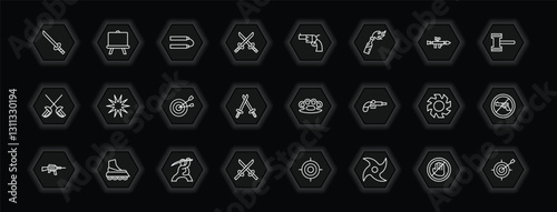 outline icons set - weapons concept. vector icons included katana with handle, japanese nunchaku, revolvers, burst and more.