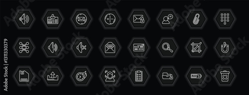 outline icons set - user interface concept. vector icons included high volume loudspeaker, email envelope button, unlock envelope, loud audio and more.