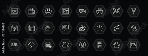 outline icons set - user interface concept. vector icons included cf, angry smile, photo album, timetable and more.
