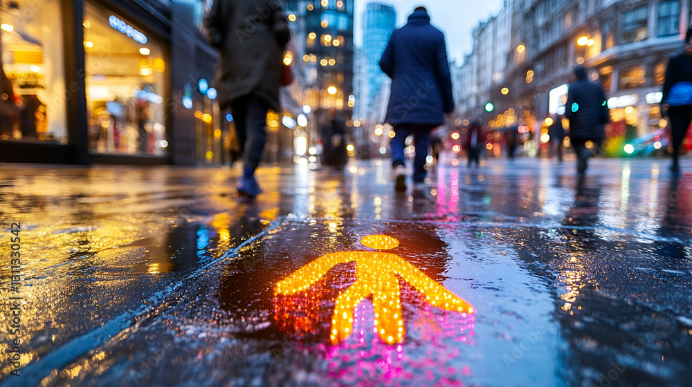 Obraz premium Wet City Street, Evening Pedestrians, Illuminated Crossing