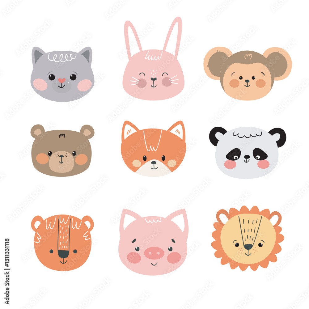 Cute animal faces vector illustration. Adorable cartoon baby animals set with cat, bunny, bear, fox, panda, tiger, pig, lion, and monkey. Pastel colors, hand-drawn style, kids design. Cute animal faces vector illustration. Adorable cartoon baby animals set with cat, bunny, bear, fox, panda, tiger, pig, lion, and monkey. Pastel colors, hand-drawn style, kids design.