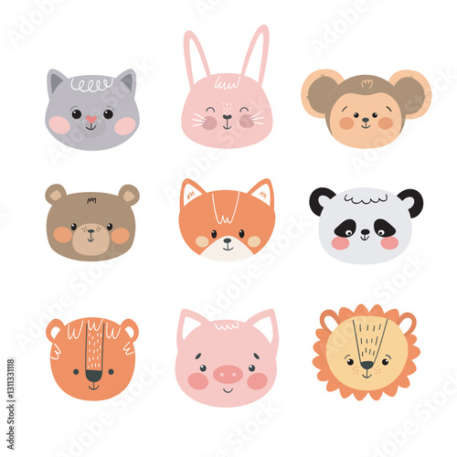 Cute animal faces vector illustration. Adorable cartoon baby animals set with cat, bunny, bear, fox, panda, tiger, pig, lion, and monkey. Pastel colors, hand-drawn style, kids design.