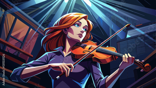 Dramatic low angle shot of a concentrated female violinist in a dark studio, illuminated by a top light, with ample copy space