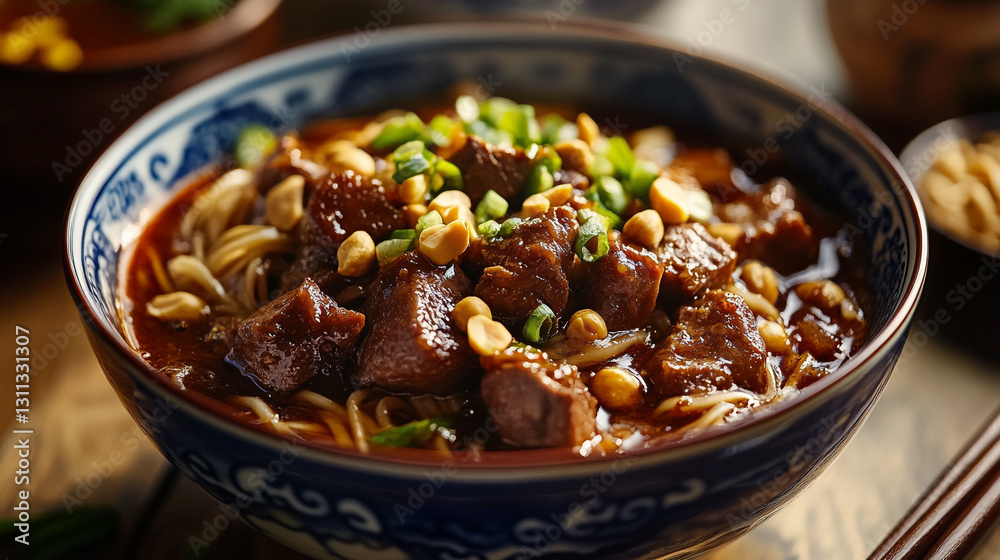 spicy beef noodle soup with peanuts and green onions hot eat food meal bowl dish rich asian spicy beef noodle soup with peanuts and green onions hot eat food meal bowl dish rich asian