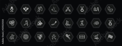outline icons set - sports concept. vector icons included world cup, man punching, medieval fencing, stretching and more.