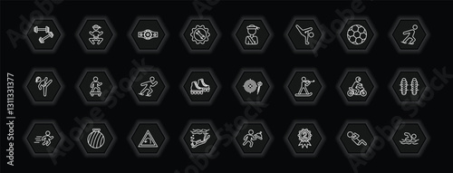 outline icons set - sports concept. vector icons included weighted bars, champion belt, pencak silat, skating and more.