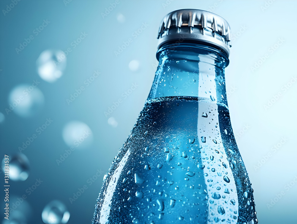 Close-up of a refreshing water bottle covered in droplets, surrounded by a blue background. Ideal for advertising hydration and wellness. Close-up of a refreshing water bottle covered in droplets, surrounded by a blue background. Ideal for advertising hydration and wellness.