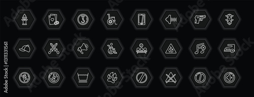 outline icons set - signs concept. vector icons included hydrant, hoist, smarthphone, weapons and more.