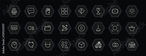 outline icons set - shapes concept. vector icons included handle with care, gauntlet, windshield washer, low beam and more.